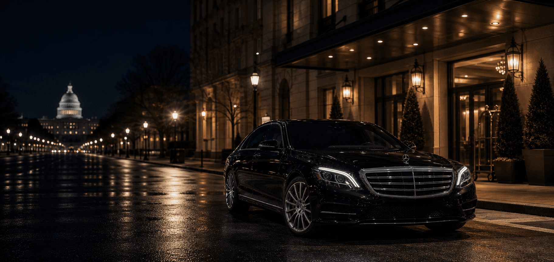 Black Mercedes sedan at night in Washington DC